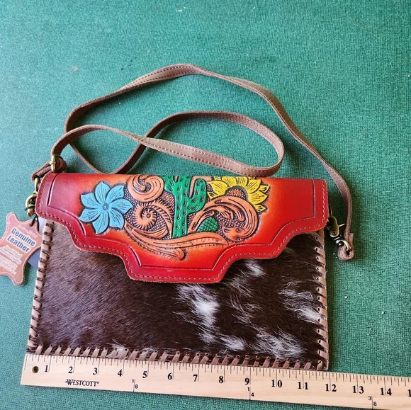 American Darling Painted Tool Leather Purse Painted Cactus and Sunflower